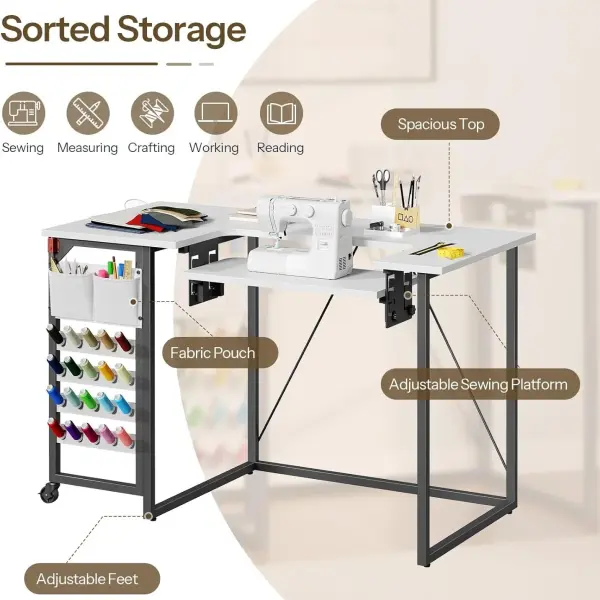 HOOBRO Folding Sewing Table, Height Adjustable Sewing Craft Table, Sewing Machine Table with Lockable Wheels, Shelves, Pegs, Storage Bags, for Home Office, Apartment, White and Black WB90TC01