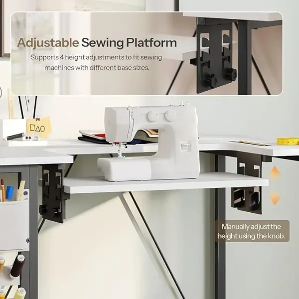 HOOBRO Folding Sewing Table, Height Adjustable Sewing Craft Table, Sewing Machine Table with Lockable Wheels, Shelves, Pegs, Storage Bags, for Home Office, Apartment, White and Black WB90TC01