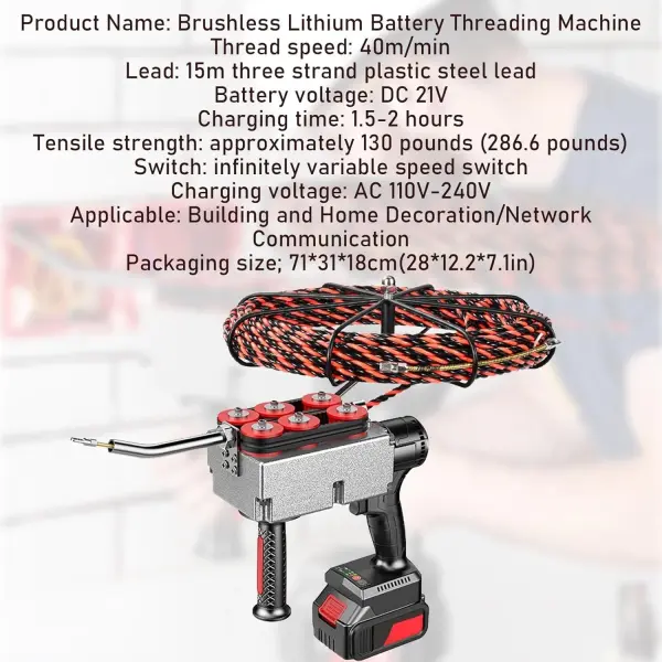 Cordless Automatic Electrician Wire Threading Machine - Brushless Motor Electric Wire Puller Through Wall With Stepless Speed, Wall Wiring Tool For Hydropower Wiring & Construction Work 30m