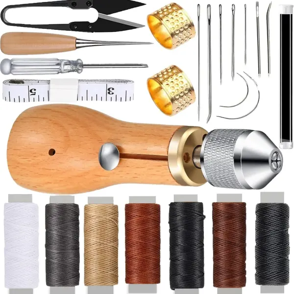 Maeysiph Sewing Awl Kit, Portable Stitching Awl Tool, with Instructions Tape Measure Screw Driver Leather Stitching Needles Wax Wire, Leather Repair Kit for Furniture 25 Pcs for Sewing DIY Craft