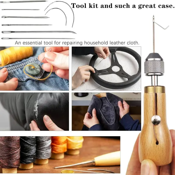 Maeysiph Sewing Awl Kit, Portable Stitching Awl Tool, with Instructions Tape Measure Screw Driver Leather Stitching Needles Wax Wire, Leather Repair Kit for Furniture 25 Pcs for Sewing DIY Craft