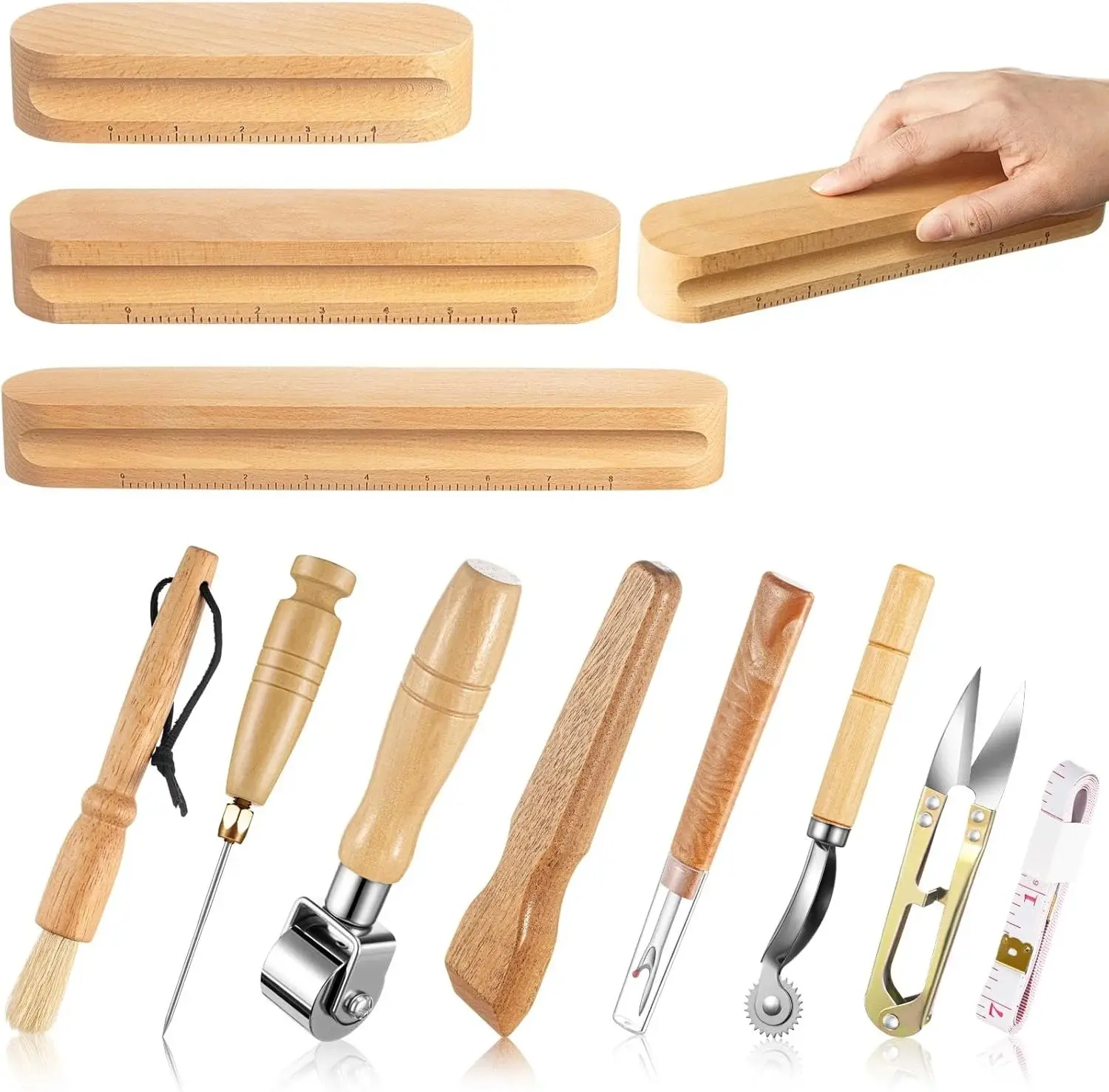 Gisafai 11 Pcs Wooden Sewing Quilting Tools Set Include 12/9.5/7 Inch Tailors Clapper, Seam Roller, Pressing Stick, Stiletto, Seam Rippers, Cleaning Brush for Sewing Quilting Ironing