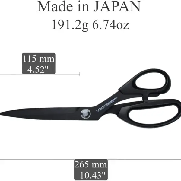 CANARY Japanese Sewing Scissors 10.5", Made in JAPAN, Professional All Purpose Scissors for Fabric, Cloth, Vinyl Sheet, Adhesive, Wallpaper, Non-Stick Coating Blade, Black
