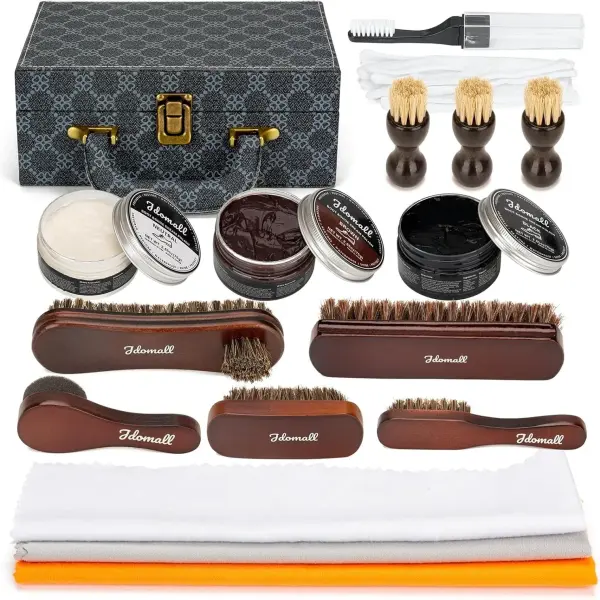 Shoe Care Kit - 16pc, Blue: Premium Deluxe Shoe Polish Kit - Black, Brown & Neutral Polish, Horsehair Brushes, Buffing Cloth & More for Leather Shoes & Boots Care