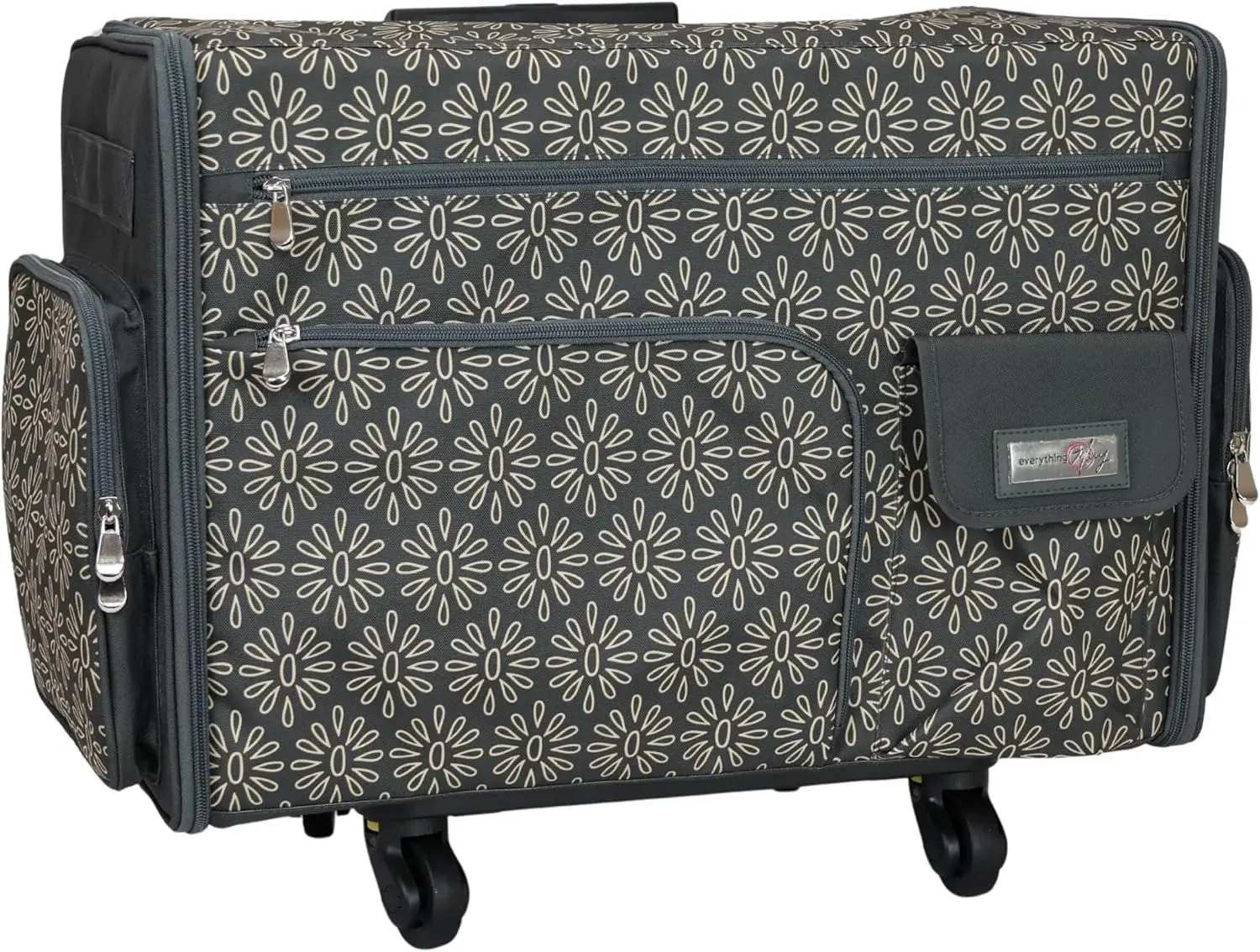 Everything Mary XL Flat-Top Rolling Sewing Machine Case – Tan Geo Craft Bag with Wheels – Portable Organizer for Sewing, Scrapbooking, Quilting & Craft Supplies