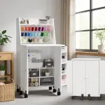 Folding Sewing Machine Table with Storage, Portable Sewing Desk with Thread Rack & Wheels &Built-in AC/USB Charging, Space-Saving Craft Storage Cabinet for Home, Apartment, and Art Studio (White)