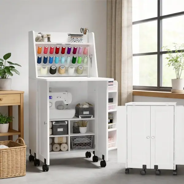 Folding Sewing Machine Table with Storage, Portable Sewing Desk with Thread Rack & Wheels &Built-in AC/USB Charging, Space-Saving Craft Storage Cabinet for Home, Apartment, and Art Studio (White)