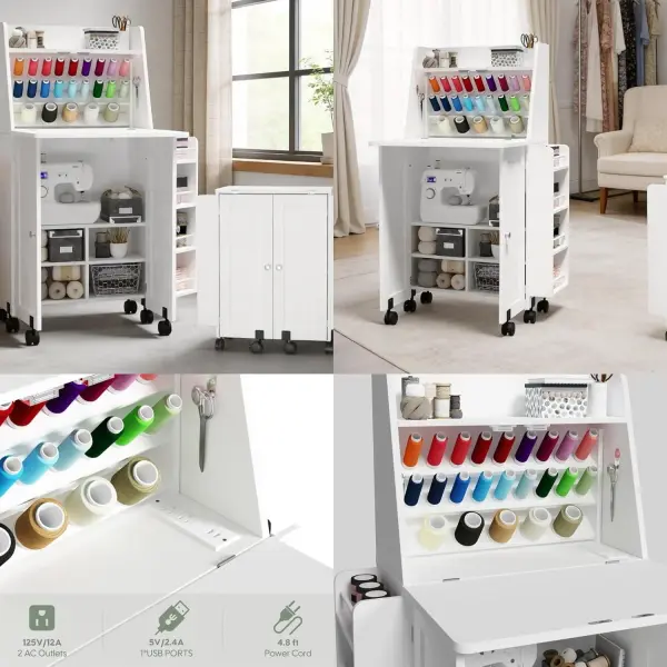 Folding Sewing Machine Table with Storage, Portable Sewing Desk with Thread Rack & Wheels &Built-in AC/USB Charging, Space-Saving Craft Storage Cabinet for Home, Apartment, and Art Studio (White)