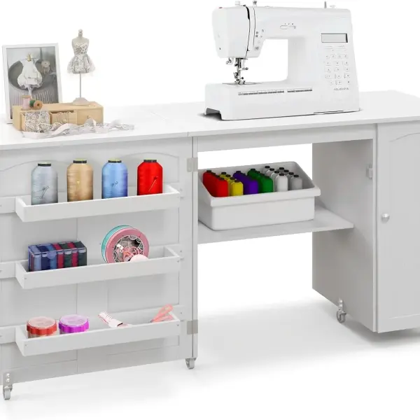 COSTWAY Sewing Machine Table, 62.5" x 20" Foldable Craft Station Table w/Lockable Casters, Storage Shelves, Bins & Single Door Cabinet, Multipurpose Sewing Machine Cabinet for Home, Bedroom (White)