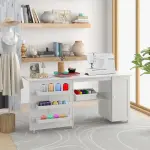COSTWAY Sewing Machine Table, 62.5" x 20" Foldable Craft Station Table w/Lockable Casters, Storage Shelves, Bins & Single Door Cabinet, Multipurpose Sewing Machine Cabinet for Home, Bedroom (White)