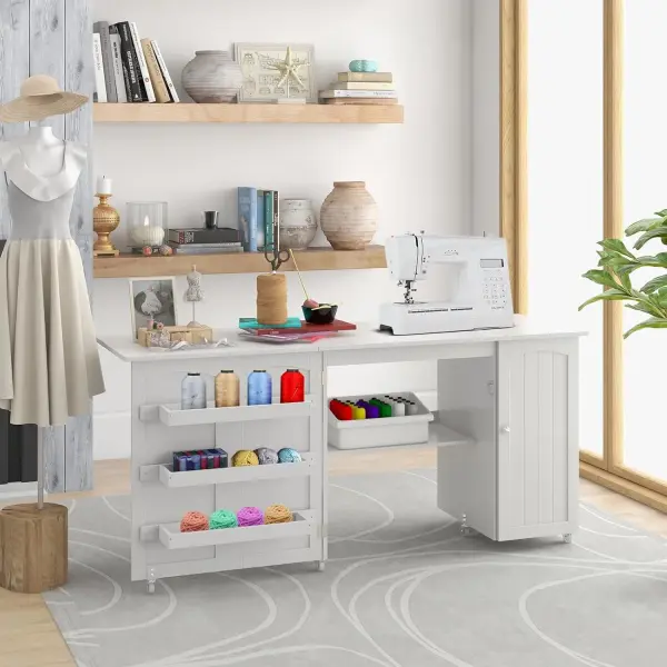 COSTWAY Sewing Machine Table, 62.5" x 20" Foldable Craft Station Table w/Lockable Casters, Storage Shelves, Bins & Single Door Cabinet, Multipurpose Sewing Machine Cabinet for Home, Bedroom (White)