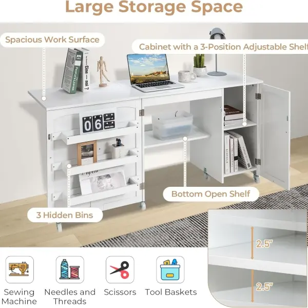COSTWAY Sewing Machine Table, 62.5" x 20" Foldable Craft Station Table w/Lockable Casters, Storage Shelves, Bins & Single Door Cabinet, Multipurpose Sewing Machine Cabinet for Home, Bedroom (White)