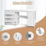 COSTWAY Sewing Machine Table, 62.5" x 20" Foldable Craft Station Table w/Lockable Casters, Storage Shelves, Bins & Single Door Cabinet, Multipurpose Sewing Machine Cabinet for Home, Bedroom (White)