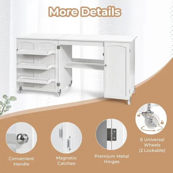 COSTWAY Sewing Machine Table, 62.5" x 20" Foldable Craft Station Table w/Lockable Casters, Storage Shelves, Bins & Single Door Cabinet, Multipurpose Sewing Machine Cabinet for Home, Bedroom (White)