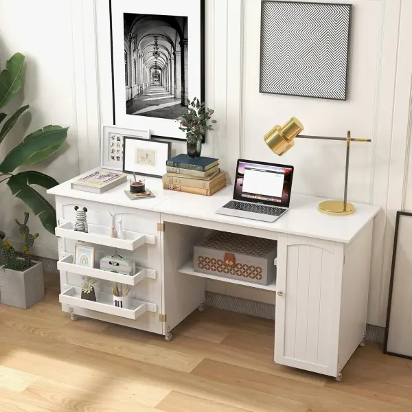 COSTWAY Sewing Machine Table, 62.5" x 20" Foldable Craft Station Table w/Lockable Casters, Storage Shelves, Bins & Single Door Cabinet, Multipurpose Sewing Machine Cabinet for Home, Bedroom (White)