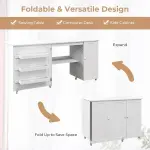 COSTWAY Sewing Machine Table, 62.5" x 20" Foldable Craft Station Table w/Lockable Casters, Storage Shelves, Bins & Single Door Cabinet, Multipurpose Sewing Machine Cabinet for Home, Bedroom (White)