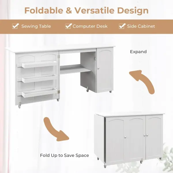 COSTWAY Sewing Machine Table, 62.5" x 20" Foldable Craft Station Table w/Lockable Casters, Storage Shelves, Bins & Single Door Cabinet, Multipurpose Sewing Machine Cabinet for Home, Bedroom (White)