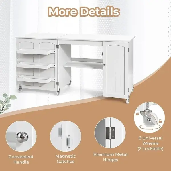 COSTWAY Sewing Machine Table, 62.5" x 20" Foldable Craft Station Table w/Lockable Casters, Storage Shelves, Bins & Single Door Cabinet, Multipurpose Sewing Machine Cabinet for Home, Bedroom (White)