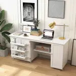 COSTWAY Sewing Machine Table, 62.5" x 20" Foldable Craft Station Table w/Lockable Casters, Storage Shelves, Bins & Single Door Cabinet, Multipurpose Sewing Machine Cabinet for Home, Bedroom (White)