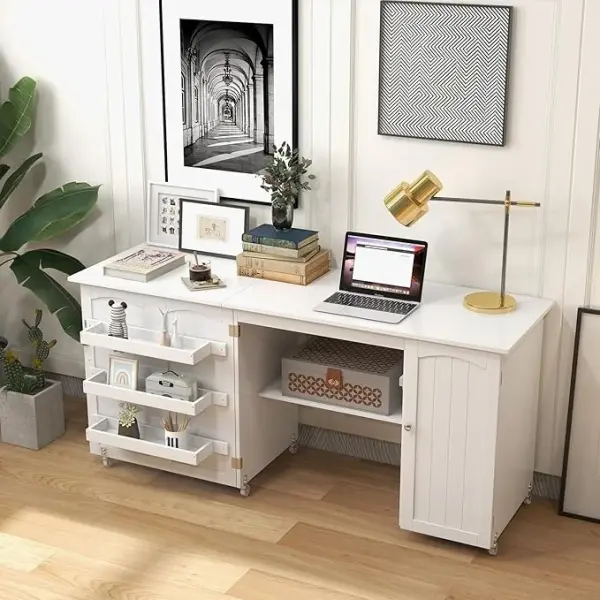 COSTWAY Sewing Machine Table, 62.5" x 20" Foldable Craft Station Table w/Lockable Casters, Storage Shelves, Bins & Single Door Cabinet, Multipurpose Sewing Machine Cabinet for Home, Bedroom (White)