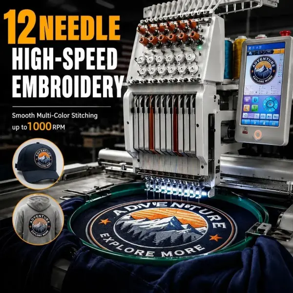 12 Needle Embroidery Machine, Sewing Machine with 10.1" Touchscreen, 11.8"x7.8"Embroidery Area, Automatic Thread Trimming for Hats, Caps, Clothing (Mini-12 NEEDLE)