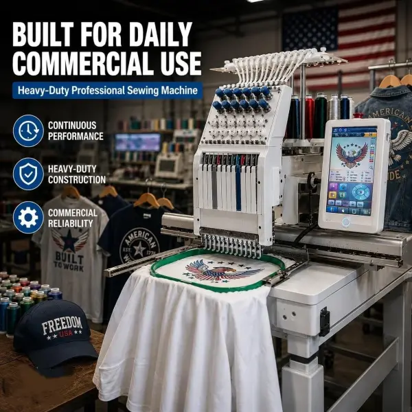 12 Needle Embroidery Machine, Sewing Machine with 10.1" Touchscreen, 11.8"x7.8"Embroidery Area, Automatic Thread Trimming for Hats, Caps, Clothing (Mini-12 NEEDLE)