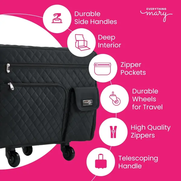 Everything Mary XL Flat-Top Rolling Sewing Machine Case – Black Quilted Craft Bag with Wheels – Portable Storage Organizer for Sewing, Scrapbooking & Craft Supplies