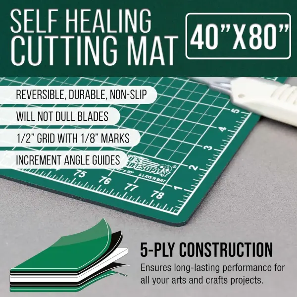 U.S. Art Supply 40" x 80" Self-Healing Cutting Mat 5-Ply - Double-Sided Green/Black Craft Mat, Non-Slip Cutting Mats for Crafts, Sewing, Quilting, Scrapbooking