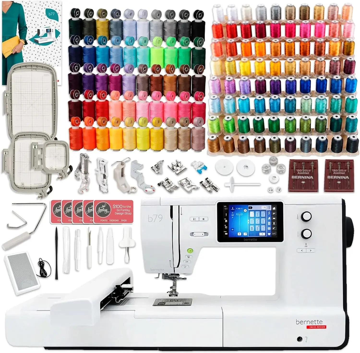 Bernette B79 Combo Sewing & Embroidery Machine Deluxe 130 Thread Spools with Premium Accessory & Designs Package