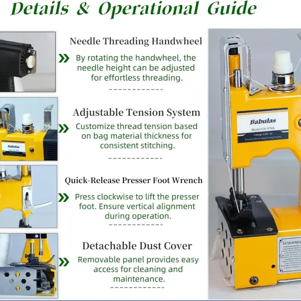 Bag Sewing Machine - 2s/bag Heavy Duty Portable Stitching Machine for Woven Bags, Non-Woven Fabrics, Leather | Warehouse & Farm Packing Tool (Yellow, Corded - 110V AC)