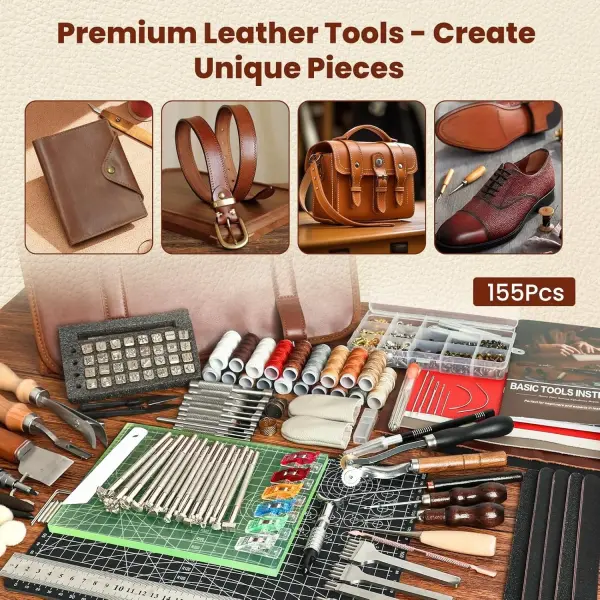 ZAMQIU Leather Working Kit, 155-Piece Leather Tooling Kit with Carving Stamping Sewing Punching Cutting, Leatherworking Tool Set for Beginners, DIY Craft Starter Set for Wallet, Belt, Bag Making