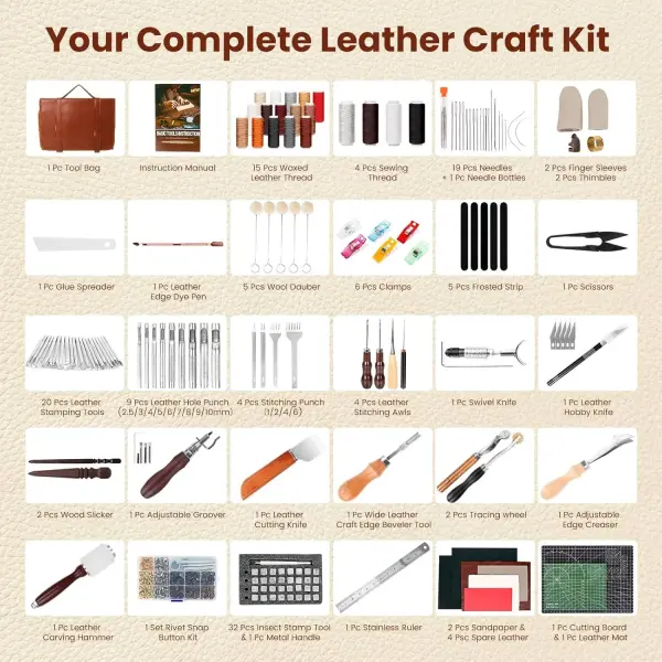 ZAMQIU Leather Working Kit, 155-Piece Leather Tooling Kit with Carving Stamping Sewing Punching Cutting, Leatherworking Tool Set for Beginners, DIY Craft Starter Set for Wallet, Belt, Bag Making