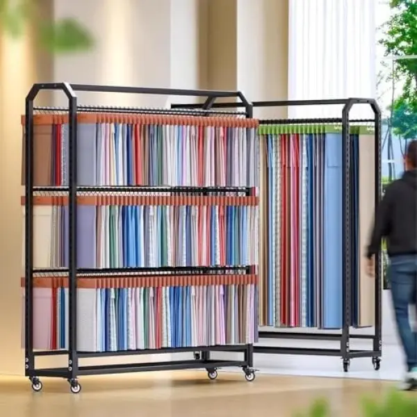 Adjustable Black Fabric Roll Storage Rack with Heavy Duty Steel Organizer, Movable Commercial Textile Holder, Ideal for Craft, Sewing, and Warehouse Use