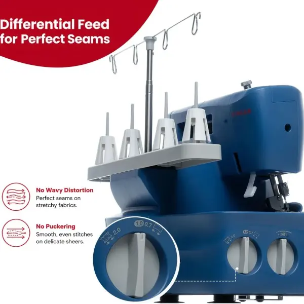 SINGER® S0230 Navy Blue Overlock Serger | 2/3/4 Thread Capability | 1300 Stitches/Min | Color-Coded Threading, Differential Feed, Free Arm, Accessories Included | Professional Seam Finishing