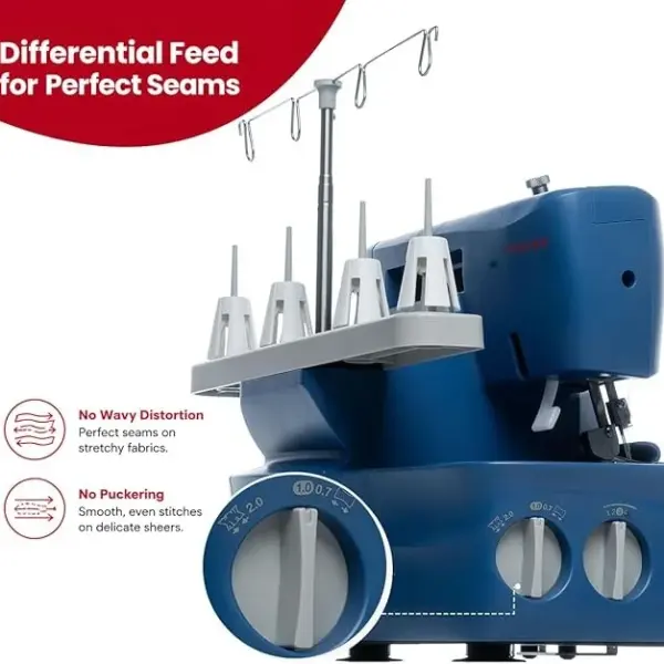 SINGER® S0230 Navy Blue Overlock Serger | 2/3/4 Thread Capability | 1300 Stitches/Min | Color-Coded Threading, Differential Feed, Free Arm, Accessories Included | Professional Seam Finishing