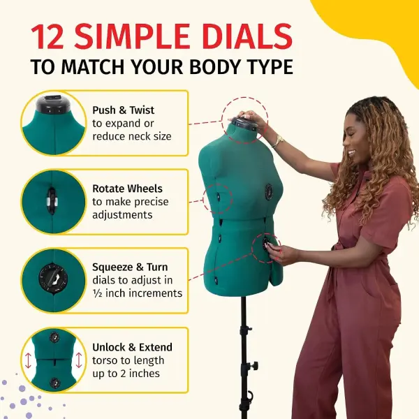 Dritz Sew You Adjustable Dress Form - Small/Medium Sizes US 4-12 - Female Clothing Mannequin for Sewing, Fitting, and Draping - Pinnable Sewing Mannequin with 12 Dials for Fitting + 360 Hem Guide