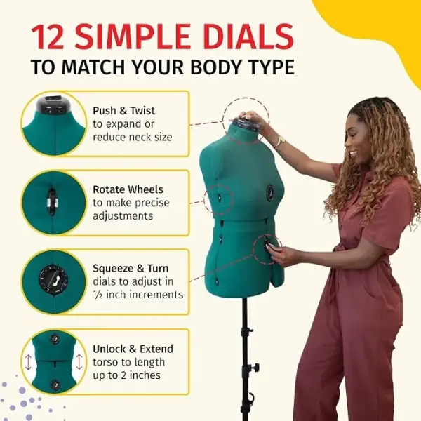 Dritz Sew You Adjustable Dress Form - Small/Medium Sizes US 4-12 - Female Clothing Mannequin for Sewing, Fitting, and Draping - Pinnable Sewing Mannequin with 12 Dials for Fitting + 360 Hem Guide