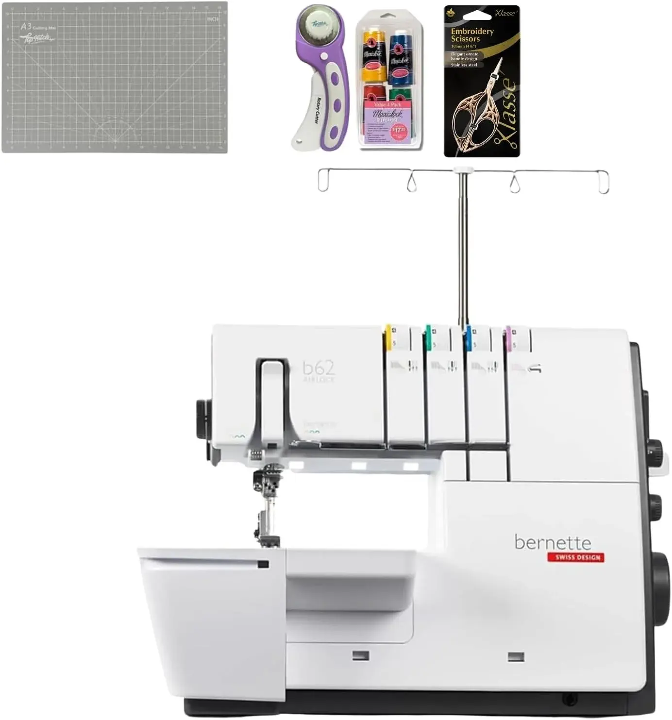 Bernette B62 Airlock Coverstitch Machine Bundle | Air Threader, Scissors, Rotary Cutter, Threads, Self Healing Foldable Cutting Mat, LED Light, Extension Table | Heavy Duty, Beginner to Professional
