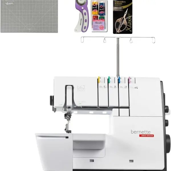 Bernette B62 Airlock Coverstitch Machine Bundle | Air Threader, Scissors, Rotary Cutter, Threads, Self Healing Foldable Cutting Mat, LED Light, Extension Table | Heavy Duty, Beginner to Professional