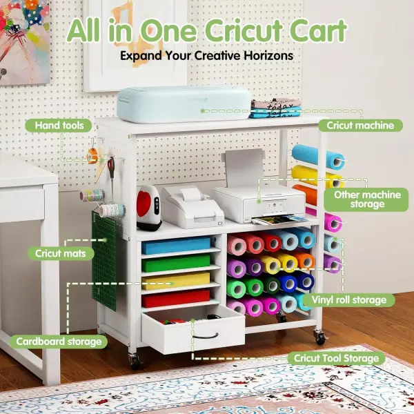 Craft Storage Cart, Compatible with Cricut Cutting Machines, Features a Vinyl Roll Holder and Drawers,A Mobile Storage Table for Crafting Tools and Accessories, Suitable for Studios, Offices