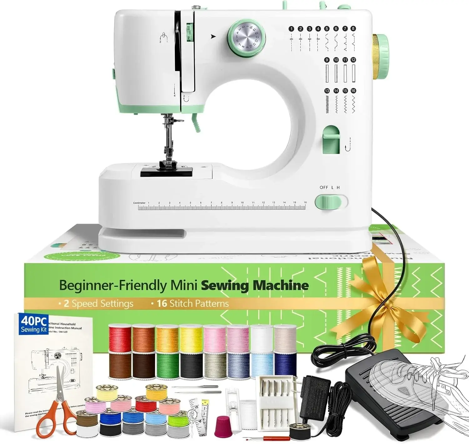 Mini Sewing Machine, 16 Stitches Dual Speed Portable Sewing Machine, Double Needle & Thread with Foot Pedal, LED Light and Sewing Kit, Easy to Use for Beginners, DIY Craft & Clothing Repair