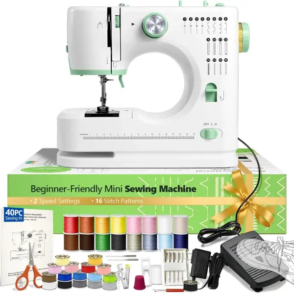 Mini Sewing Machine, 16 Stitches Dual Speed Portable Sewing Machine, Double Needle & Thread with Foot Pedal, LED Light and Sewing Kit, Easy to Use for Beginners, DIY Craft & Clothing Repair