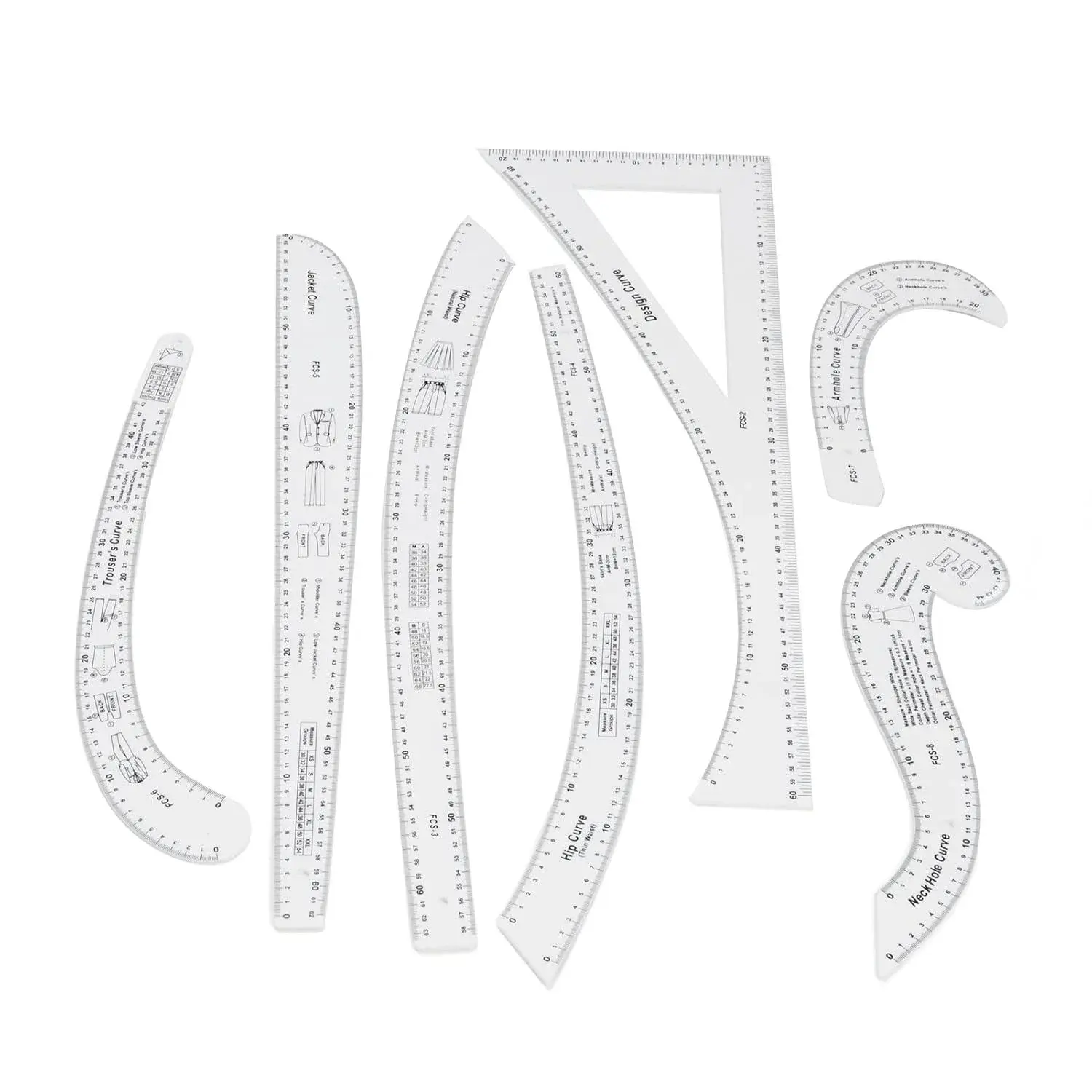 Rengue 7Pcs Sewing Ruler Tailor Set, Clear High Accuracy Scale Acrylic Clothing Ruler for Pattern Drafting, with Transparent Fashion Design Tools for Sewing and Tailoring