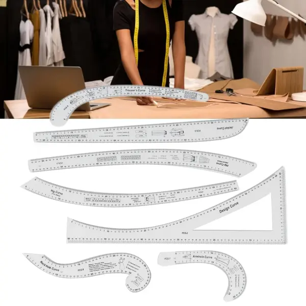 Rengue 7Pcs Sewing Ruler Tailor Set, Clear High Accuracy Scale Acrylic Clothing Ruler for Pattern Drafting, with Transparent Fashion Design Tools for Sewing and Tailoring