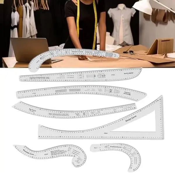 Rengue 7Pcs Sewing Ruler Tailor Set, Clear High Accuracy Scale Acrylic Clothing Ruler for Pattern Drafting, with Transparent Fashion Design Tools for Sewing and Tailoring