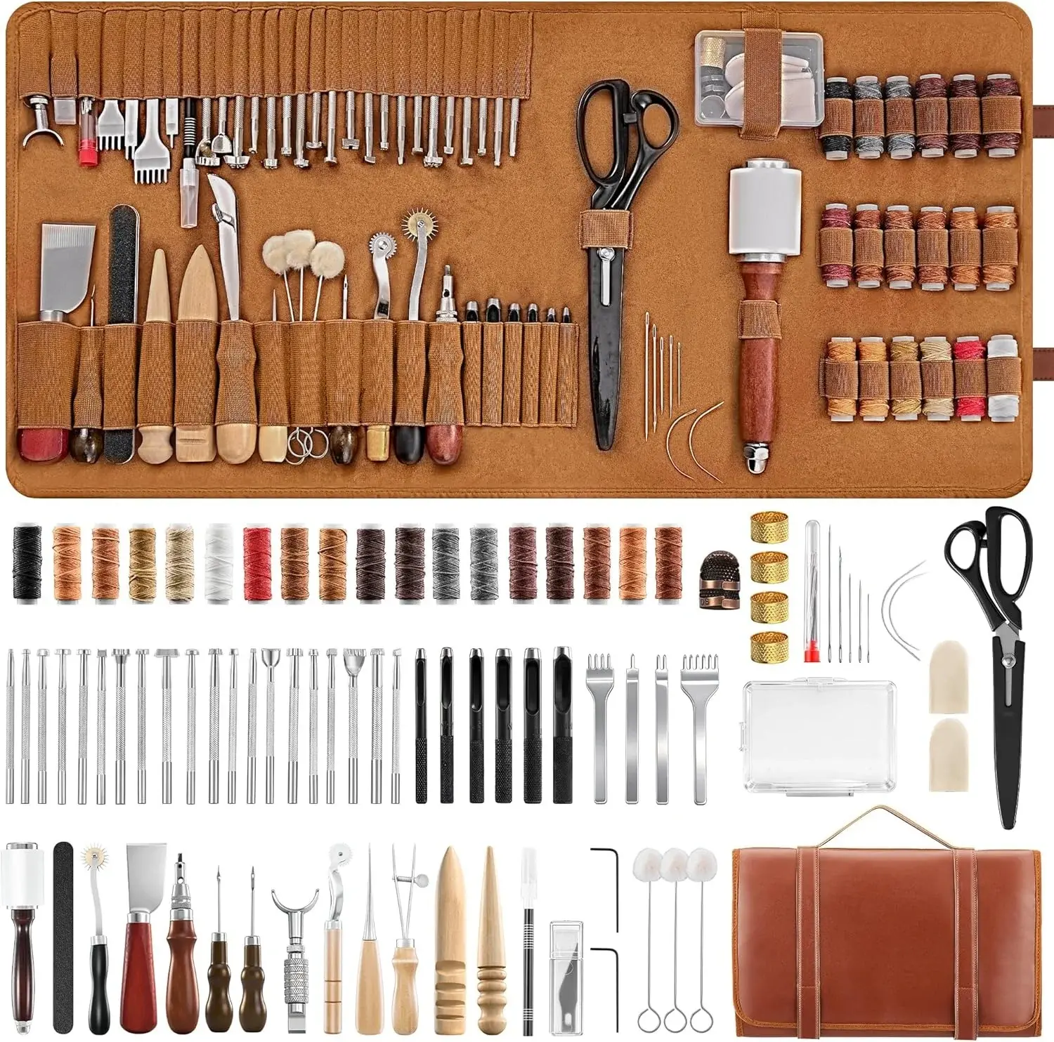 SakerNeo Leather Working Tools - 101pcs Stainless Steel & Wood Handle Sewing kit with 4mm Stitching chisels (1/2/4/6), 18 Waxed Thread, Hole Punch & Stamping Tools for DIY Wallet Belt Bag Repair