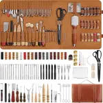 SakerNeo Leather Working Tools - 101pcs Stainless Steel & Wood Handle Sewing kit with 4mm Stitching chisels (1/2/4/6), 18 Waxed Thread, Hole Punch & Stamping Tools for DIY Wallet Belt Bag Repair