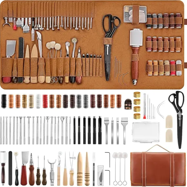 SakerNeo Leather Working Tools - 101pcs Stainless Steel & Wood Handle Sewing kit with 4mm Stitching chisels (1/2/4/6), 18 Waxed Thread, Hole Punch & Stamping Tools for DIY Wallet Belt Bag Repair
