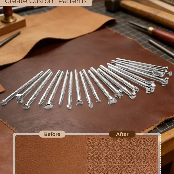 SakerNeo Leather Working Tools - 101pcs Stainless Steel & Wood Handle Sewing kit with 4mm Stitching chisels (1/2/4/6), 18 Waxed Thread, Hole Punch & Stamping Tools for DIY Wallet Belt Bag Repair