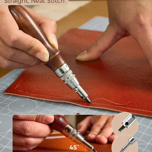 SakerNeo Leather Working Tools - 101pcs Stainless Steel & Wood Handle Sewing kit with 4mm Stitching chisels (1/2/4/6), 18 Waxed Thread, Hole Punch & Stamping Tools for DIY Wallet Belt Bag Repair